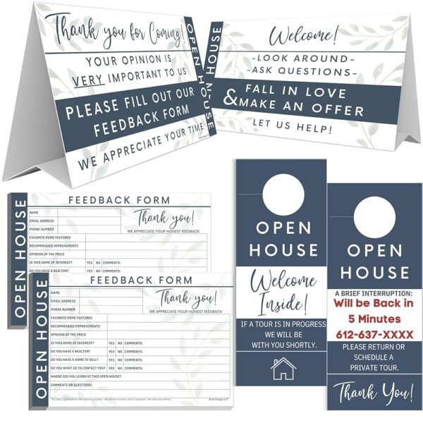 Open House Supplies. Real Estate Sign in Book Guest Registry Notepad for Collecting Realtor Leads & Home Sale Feedback. Kit has Form Pads, Door Hangers & Tent Card Displays....