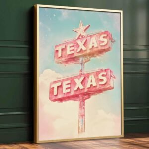 Pink Texas Wall Art Vintage Texas Posters Texas Vintage Travel Poster Blue Sky Picture Vintage Texas Sign Poster Trendy Pink Wall Art Pink Aesthetic Bar Cart Art Living Room...