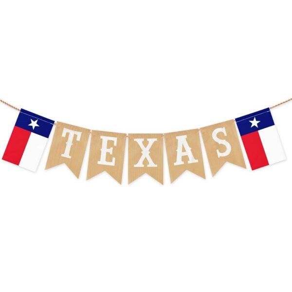 Pre-Strung TEXAS Banner with State Flag Panels, Rustic Linen Burlap Letter Garland for Western Cowboy Birthday, Independence Day, Rodeo Party Decorations, Lone Star Country...