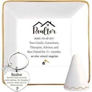 Realtor Gifts Women, Realtor Trinket Dish Tray Ceramic with Ring Holder, Realtor Keychain, Real Estate Agent Gifts for Women, Thank You Gift for Female Realtor Birthday Closing...