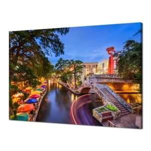 San Antonio Texas Riverwalk Wall Art Canvas Prints for Home Texas City Wall Decor Night Scene Picture Poster Painting Stretched Frame Office Dining Room Bedroom Decoration(24x16...