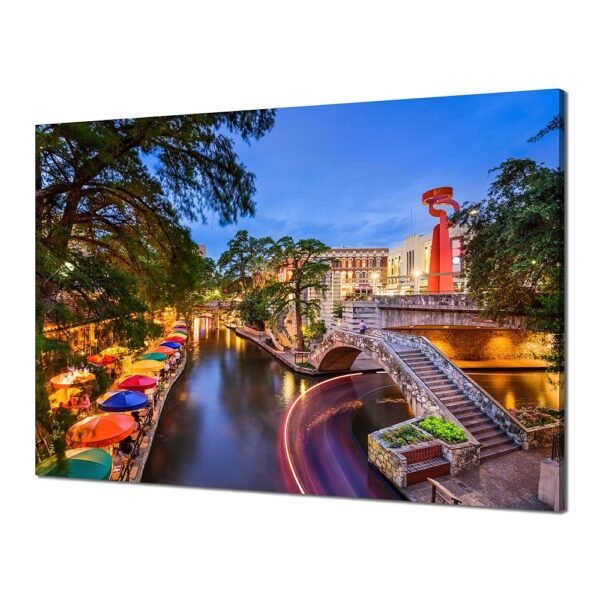 San Antonio Texas Riverwalk Wall Art Canvas Prints for Home Texas City Wall Decor Night Scene Picture Poster Painting Stretched Frame Office Dining Room Bedroom Decoration(24x16...