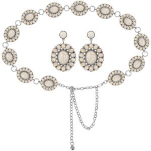 Sasylvia White Turquoise Concho Chain Belt Metal Western Waist Belts for Women Boho Turquoise Drop Earrings