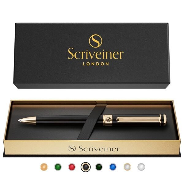 Scriveiner Black Lacquer Ballpoint Pen -Stunning Luxury Pen, Real Gold Plating, Schmidt Black Refill, Best Gift Set for Men & Women, Professional Executive Office, Nice Fancy...