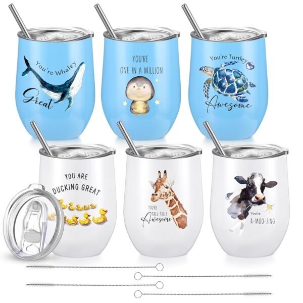 Skylety 6 Pcs Employee Appreciation Gifts Bulk Coworker Motivational Tumbler 12oz Steel Insulated Funny Cow Duck Turtle Animal Sign Thank You Gift for Teacher Emergency Nurse...
