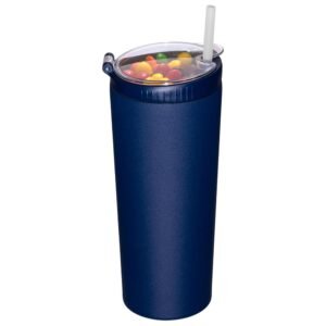 Snack tumbler with lid and straw, stainless steel insulated 2-in-1 travel coffee mug, water bottle with snack cup (Navy Blue, 22, ounces)
