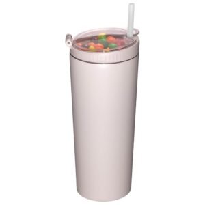 Snack tumbler with lid and straw, stainless steel insulated 2-in-1 travel coffee mug, water bottle with snack cup (Pink Beige, 22, ounces)