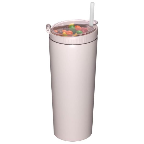 Snack tumbler with lid and straw, stainless steel insulated 2-in-1 travel coffee mug, water bottle with snack cup (Pink Beige, 22, ounces)