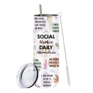 Social Worker Gifts, Slim Workers Tumbler 20 Oz, Social Worker Daily Affirmations Skinny Tumbler with Lid & Straw & Brush, Social Workers Cup, Gifts for Halloween Thanksgiving...