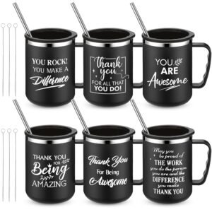 Sumind Employee Inspirational Gifts 17 oz Thank You Stainless Steel Coffee Mugs with Handle Lid Straw for vet tech week gifts(Black,6 Pcs)
