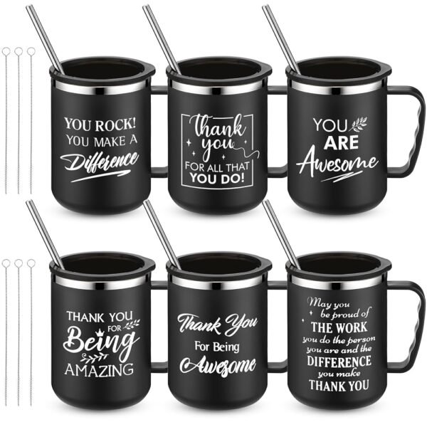 Sumind Employee Inspirational Gifts 17 oz Thank You Stainless Steel Coffee Mugs with Handle Lid Straw for vet tech week gifts(Black,6 Pcs)