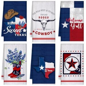 TecUnite 6 Pcs Texas Bluebonnets Kitchen Towels Texas Souvenirs Dishcloth 24 x 16 Inches Gifts Sweet Hand Towels White Blue Red Print Decorative Tea Dish Cloth for Home Decoration