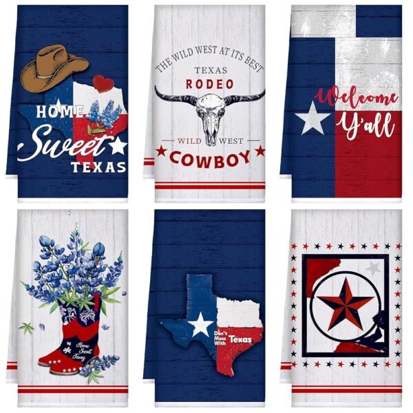 TecUnite 6 Pcs Texas Bluebonnets Kitchen Towels Texas Souvenirs Dishcloth 24 x 16 Inches Gifts Sweet Hand Towels White Blue Red Print Decorative Tea Dish Cloth for Home Decoration
