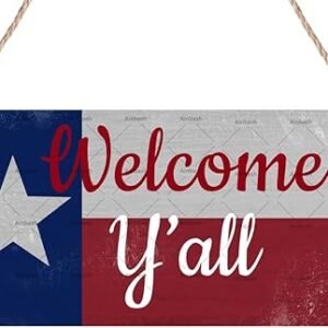 Texas Decor Vintage Welcome Y'all Hanging Wood Sign Retro Texas Flag Welcome Door Hanger For Entrance Man Cave Bar 6x12 Inch