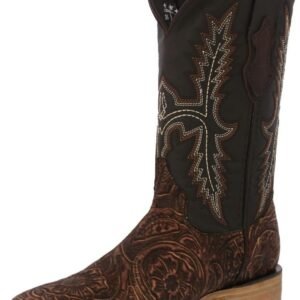 Texas Legacy Mens Cognac Cowboy Boots Hand Tooled Leather Floral Square Toe