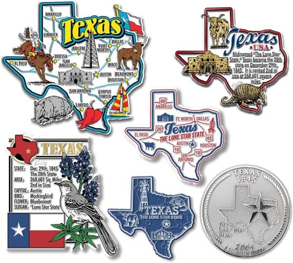 Texas Six-Piece State Magnet Set by Classic Magnets, Includes 6 Unique Designs, Collectible 3D Rubber Vintage-Style Souvenirs and Gifts Made in The USA
