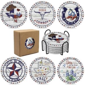 Texas Souvenirs Gifts for Men Women,Travel Souvenir Coaster Set of 6,Drink Absorbent Coasters with Holder, Coffee Table Decor Ceramic Stone Coaster for New Home,Apartment...