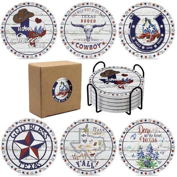 Texas Souvenirs Gifts for Men Women,Travel Souvenir Coaster Set of 6,Drink Absorbent Coasters with Holder, Coffee Table Decor Ceramic Stone Coaster for New Home,Apartment...
