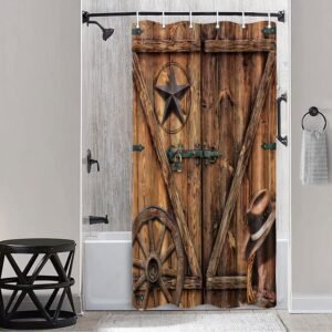 Texas Star Western Barn Door Shower Curtain Sets for Stall Cabin,Cowboy Hat Boots Wheel RV Bath Curtain, Vintage Rustic Wooden Board Farmhouse Decor Curtain with Hooks 36X70IN