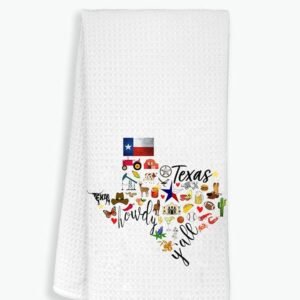 Texas State Map Kitchen Towel, U.S. State Souvenir Tea Towel, Multi-Purpose Towel, Soft & Absorbent, White Floral Polyester Kitchen Cloth
