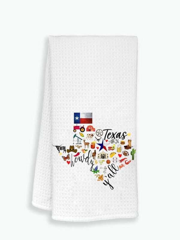 Texas State Map Kitchen Towel, U.S. State Souvenir Tea Towel, Multi-Purpose Towel, Soft & Absorbent, White Floral Polyester Kitchen Cloth