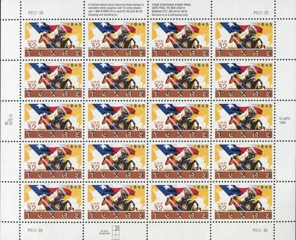 Texas Statehood 1845 (Sheet of 20) 32 Cent US Postage Stamps 1995 Scott 2968