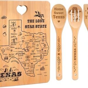 Texas Gifts Cutting Board and Spoons Set, Texas Souvenirs, Texas Kitchen Decor with State Map Design, Charcuterie and Serving Board, Home Sweet Texas Theme Gifts for Texas Lovers.