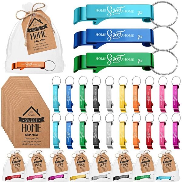 Tondiamo 20 Sets Estate Agent Gifts for Clients Bulk Home Sweet Bottle Opener Keychains Thank You Cards and Organza Bags Real Estate Agent Supplies Closing Gifts for Home Buyers