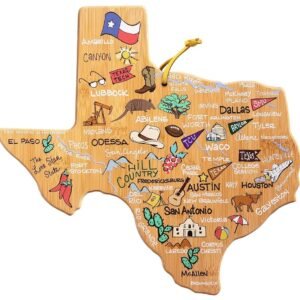Totally Bamboo Texas State Shaped Cutting Board with Artwork by Fish Kiss – Colorful Map Artwork for Serving, Display or Kitchen Use – Unique Texas Gift and Home Décor