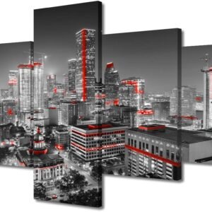 TUMOVO Houston Texas Skyline Black and White Wall Art Cityscape Panorama Pictures for Bedroom 5 Piece City Building House Decorations Skyscraper Posters and Prints Framed Ready...