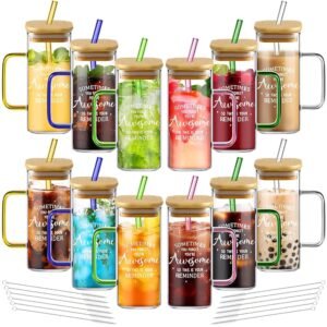 Uiifan 12 Pcs Employee Appreciation Gifts Tanksgiving for Coworkers Glass Cups with Lids Straws 13.5 oz Iced Coffee Cups with Handle Bulk Christmas Gift for Thank You Employee...