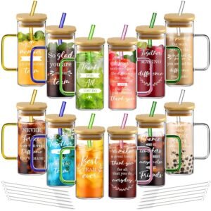 Uiifan 12Pcs Team Employee Appreciation Gifts Christmas Gifts for Coworkers Thank You Glass Cups with Lids Straws 13.5 oz Iced Coffee Cups with Handle Bulk for Teacher...