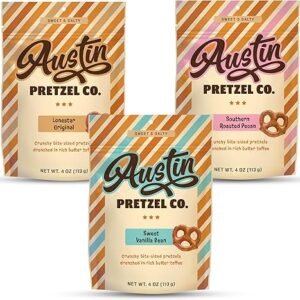 Variety Pack - Lonestar Original, Sweet Vanilla Bean & Southern Roasted Pecan Flavors, 4 oz Gourmet Bite-Sized Butter Toffee Pretzels, Sweet & Savory Snack, Perfect for Sharing Austin Pretzel