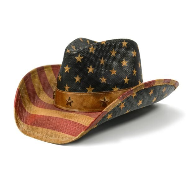Vintage USA American Flag Cowboy Hat Classic Tea Stained Patriotic Western Cowgirl Hat with Shapable Brim