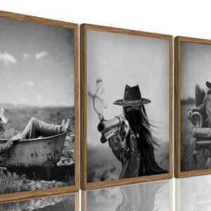 Vintage Western Wall Art Set of 3, Black and White Southwestern Cowboy Wall Decor, Desert Southwest Canvas Painting Prints for Living Room Bedroom Bathroom 16x24 inch Wood Framed