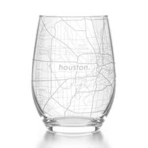 WELL TOLD Engraved Houston Texas Map Stemless Wine Glass, Etched Glass (15 oz, Clear) City Custom Gifts for Lovers