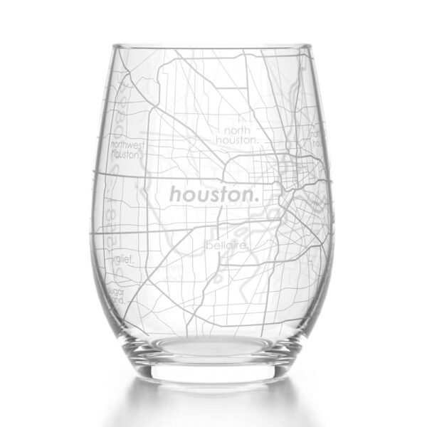 WELL TOLD Engraved Houston Texas Map Stemless Wine Glass, Etched Glass (15 oz, Clear) City Custom Gifts for Lovers