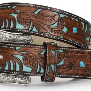Western-Belts for Women, Men-Belt with Rhinestone Buckle-Belts, Turquoise Carved Pattern Western-Belts