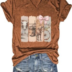 Western Country Shirt for Women Cowgirl Cartoon Boots V Neck Short Sleeve Tops Vintage Cowboy Graphic Tees