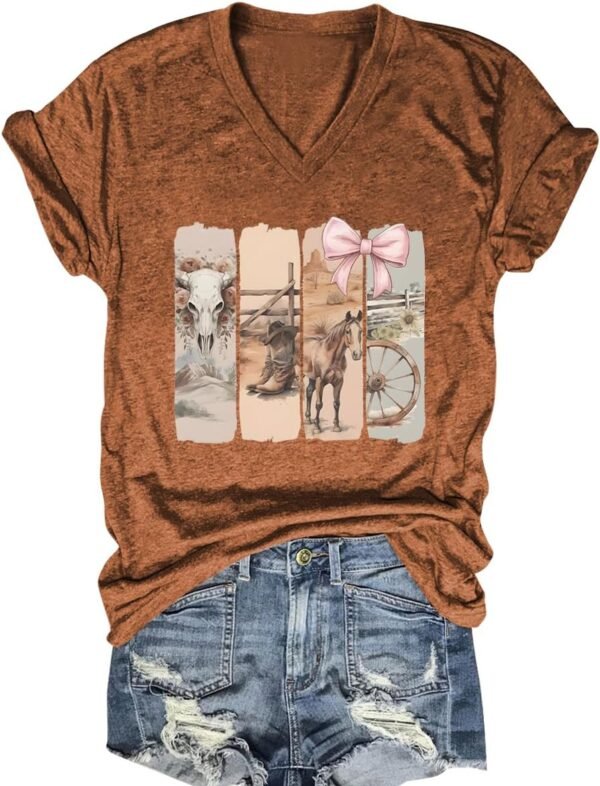 Western Country Shirt for Women Cowgirl Cartoon Boots V Neck Short Sleeve Tops Vintage Cowboy Graphic Tees