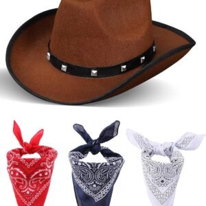 Western Cowboy & Cowgirl Felt Hat with 3 Pcs Bandanas - Wild West Costume Accessory Set for Halloween & Dress-Up