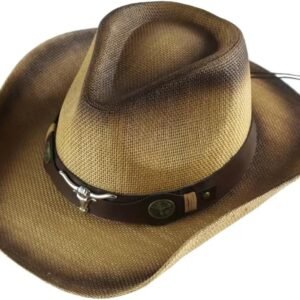 Western Cowboy Cowgirl Sun Hat Printed Outback Straw Hat with Shapeable Wide Brim and Belt Buckle