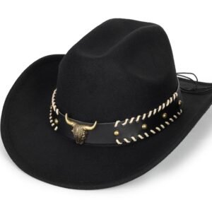 Western-Cowboy-Hats for Women Men - Classic Wide Brim Felt Fedora Unisex Upturn Bull Head Cowgirl Caps with Buckle Belt