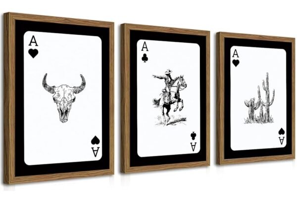 Western Cowboy Wall Art Set Of 3 Cowboy Print Playing Card Inspired Southwestern Canvas Poster Trendy Western Wall Decor Longhorn Bull Skull Room Decor for Bedroom Living Room...
