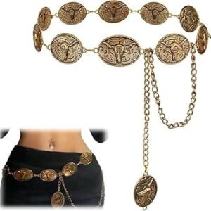 Western Metal Concho Belt for Women Cowgirl Chain Belts for Dresses Jeans Country Concert Outfit Gold belt