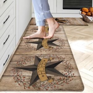 Western Rustic Kitchen Rugs Mat Set of 2 Cushioned Anti Fatigue Kitchen Mats for Floor Farmhouse Country Kitchen Floor Mat Texas Star Non Slip Waterproof Comfort Standing Mats,...