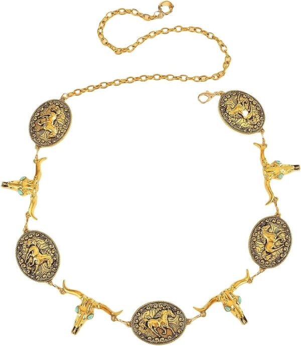 Western Style Chain Belt with Horse Medallions and Longhorn Skulls