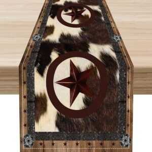 Western Table Runner, Rustic Texas Star Brown Cow Print Skin Cowhide Farmhouse Cottage Country Table Center Decor for Home Kitchen Dining Party Patio Indoor Outdoor Table...