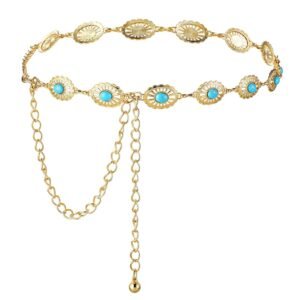 Western Turquoise Concho Waist Belts Metal Chunky Country Cowgirl Belts Adjustable Boho Chain Belts for Women Girls