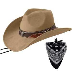 Wildarms Cowboy Hat with Bandana - Adjustable Wide Brim Western Hat for Men & Women,Costume Accessories for Rodeo & Halloween